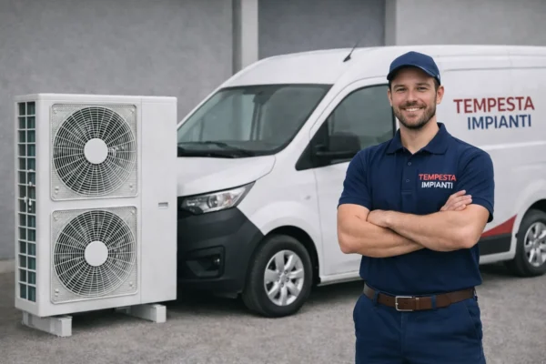 Tecnico durante manutenzione e pulizia di un condizionatore prima dell’estate
